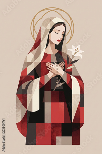 Serene woman in prayer with rosary and white lily, exuding peacefulness and devotion always