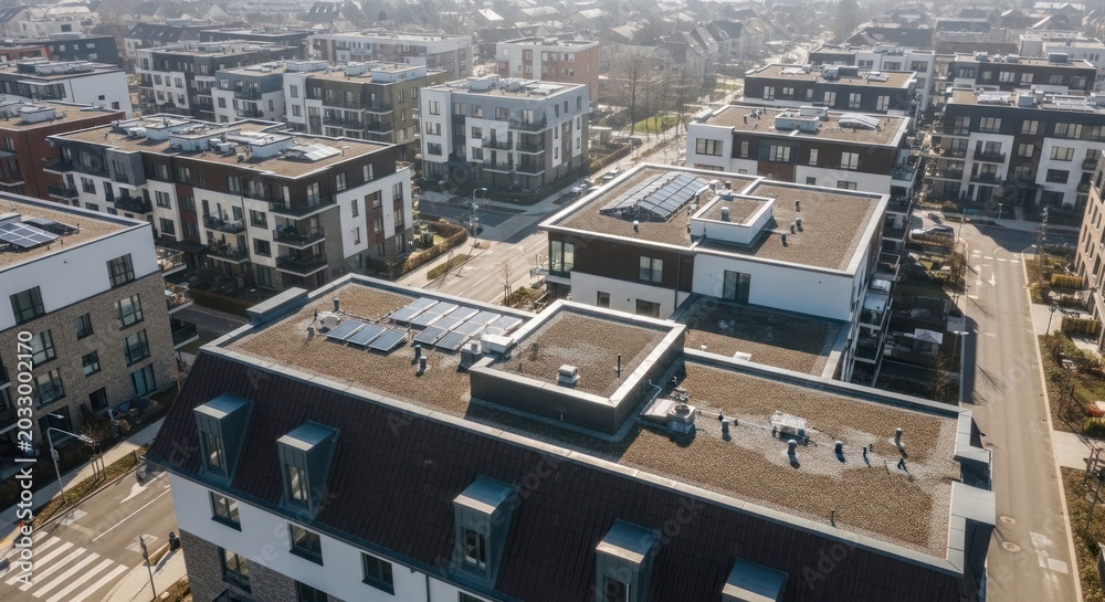 Fototapeta premium Aerial View of Modern Apartment Buildings with Solar Panels, Urban Development