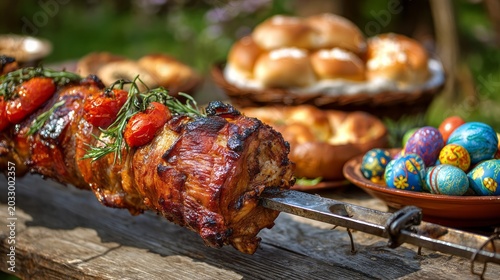 Roasted meat cooked on a rotating spit served with fresh tomatoes, herbs, colorful boiled eggs and rustic bread on a wooden outdoor table, festive gathering meal with traditional food spread and natur