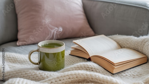 Relaxing Afternoon with Open Book and Hot Green Matcha Tea on Soft Wool Blanket.