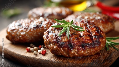 Juicy grilled hamburger patties seasoned with herbs and spices on wooden table, close up view of freshly cooked barbecue meat for gourmet dining and summer cookout concepts