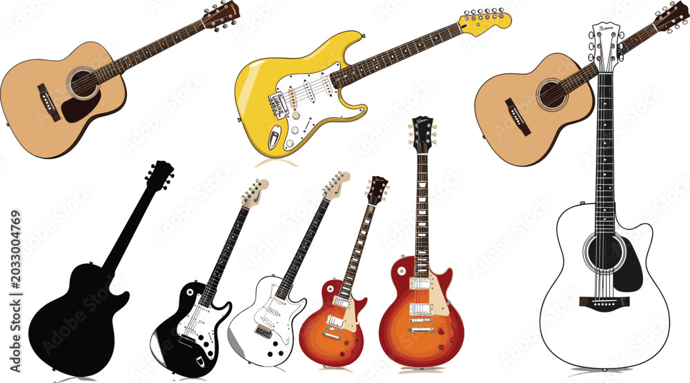 Fototapeta premium Nine Mixed Electric and Acoustic Guitar Vector Collection in Colorful and Silhouette Style for Music