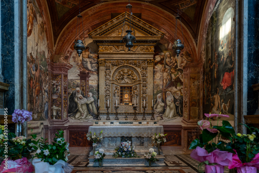 Naklejka premium Relics of Saint Catherine within a niche of Basilica di San Domenico (Basilica Cateriniana) , gothic styled church in Siena, Italy
