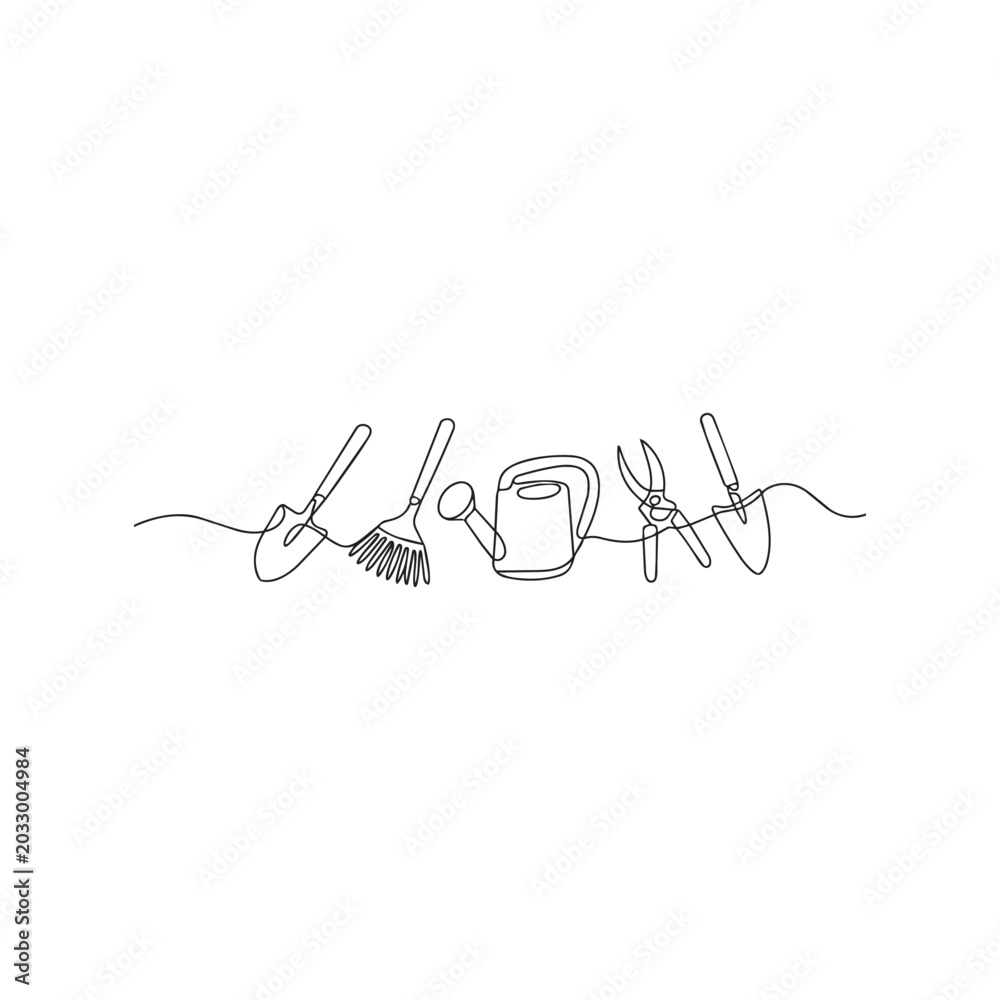 Obraz premium Continuous line art illustration of garden tools set isolated on transparent background set.