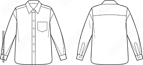 Long‑sleeve button‑up shirt vector illustration showing front and back technical flat sketch for fashion and apparel projects