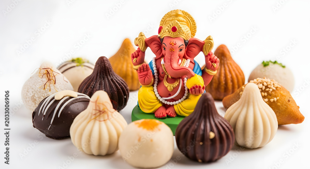 Fototapeta premium Traditional Indian festive celebration featuring a decorative idol surrounded by an assortment of handcrafted sweet modak dumplings