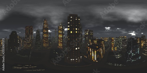 Night city, Cityscape, Environment map. HDRI map. Equirectangular projection. equidistant projection, Spherical panorama., 3D rendering