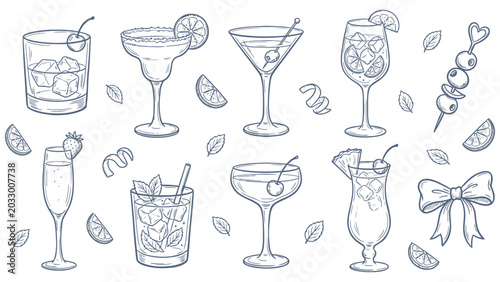 Photos Cocktail drinks set blue doodle pattern vector
 set of hand drawn glasses