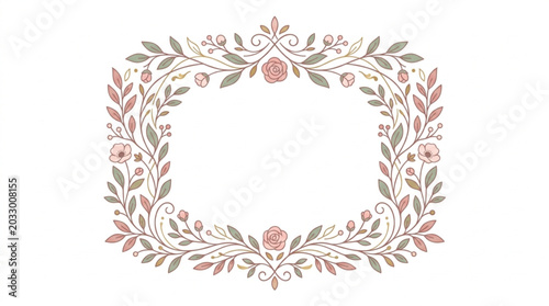 Fotografie Ornate floral frame with delicate pink roses and green leaves.