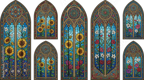 Medieval Gothic Cathedral Stained Glass Window Vector Collection Featuring Arched Lancet Panels with Sunflowers Lilies and Red Roses Floral Mosaic Patterns