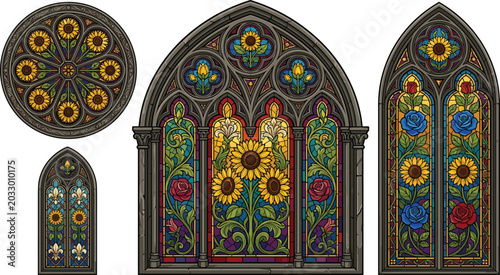 Foto Gothic Cathedral Stained Glass Window Vector Set with Intricate Rose Arched and