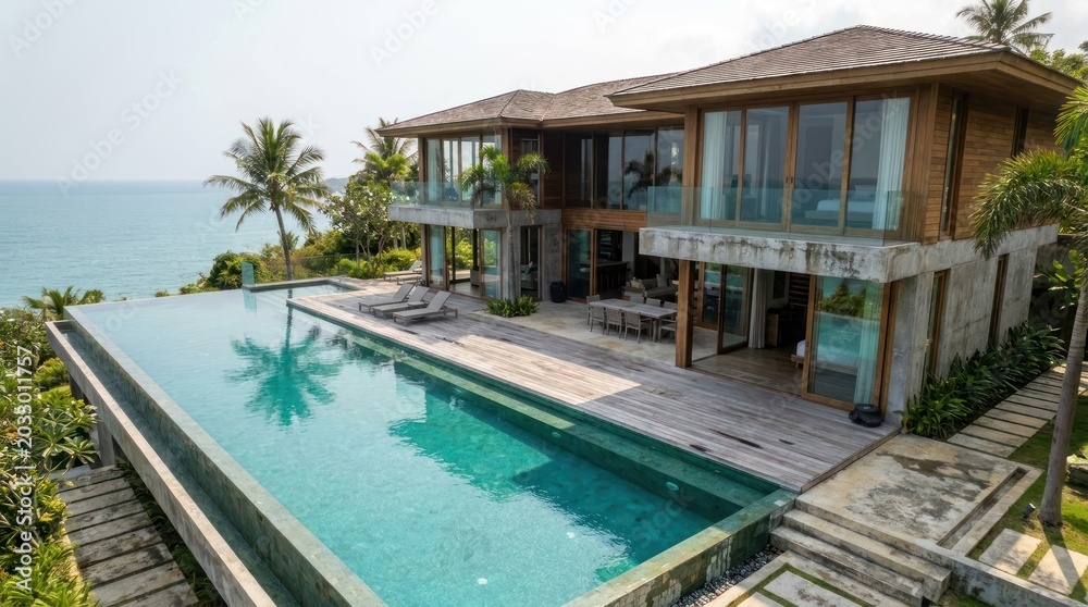 Fototapeta premium Photo-realistic shot of a luxury villa with an infinity pool overlooking the ocean, ideal for tropical real estate and travel.