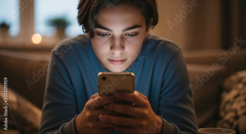 Teenager scrolling social media on phone in dim light. Young person focused on screen, blue glow illuminating face, absorbing content late at night. Reflects modern youth.