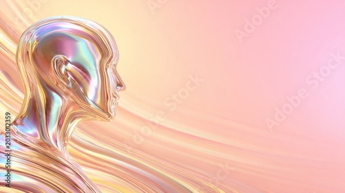 Innovative metallic human sculpture showcasing science and human innovation in a glossy environment