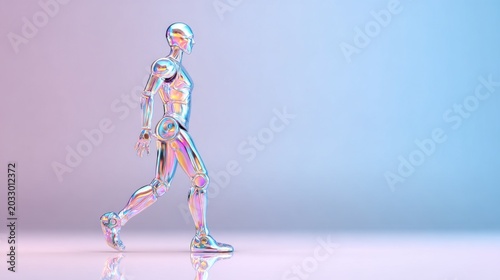 Innovative human-like robot in glossy metallic silver science and technology showcase futuristic environment