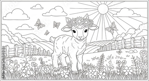 Cute Lamb Wearing a Flower Crown in a Sunny Meadow.