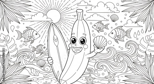 Cute Banana Character with Surfboard and Seashell on a Sunny Beach Day.