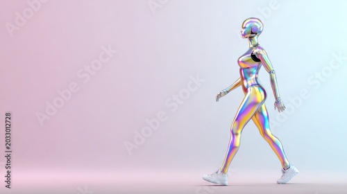 Innovative human-like robot walking in a glossy metallic environment showcasing science and innovation