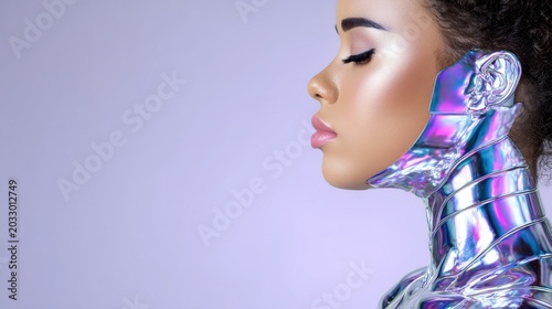 Innovative human-ai interaction in science glossy metallic silver environment futuristic perspective exploring innovation