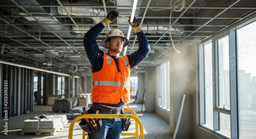Construction worker installing lights in new office building