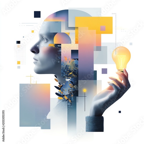 An artistic representation of a figure holding a light bulb, symbolizing innovation and creativity.