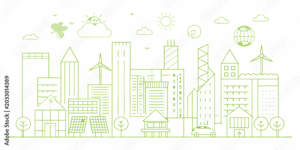 Fototapeta premium Green Cityscape Linear Illustration With Wind Turbines And Solar Panels