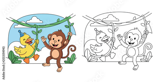 Photography Cute Cartoon Monkey and Duck on Vines - Jungle Friends Illustration for Kids, Pl