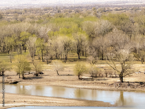 Panoramic scenic view of multicolored rock formations and riverside forest in Altay region, China.