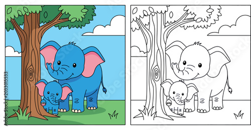 Photography Cute Cartoon Elephant Family Under Tree - Mother and Baby Elephants in Nature