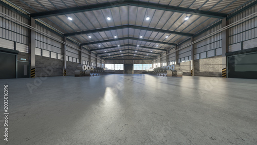 3D rendering of warehouse with concrete floor and stacks of metal sheet coils or steel rolls prepared for storage or manufacturing operations. Ideal background for manufacturing industry presentations