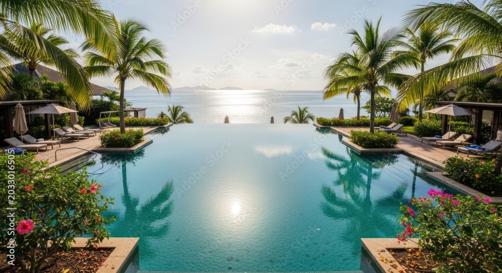 Fototapeta premium Luxury Travel Hospitality: Stunning Tropical Oceanfront Resort with Infinity Pool, Palm Trees, and Sunset View Photo