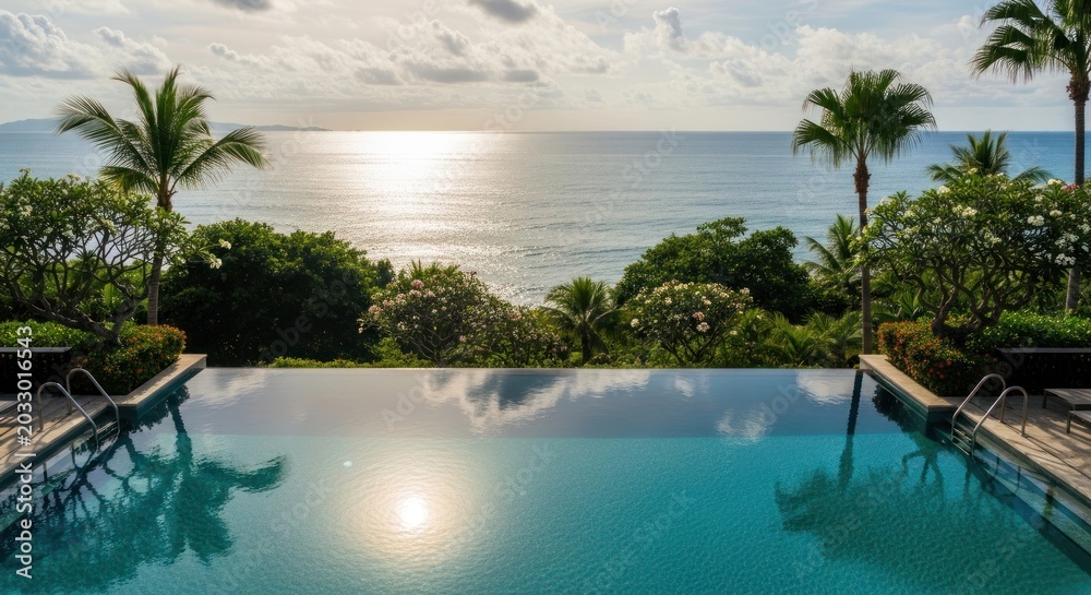 Fototapeta premium Luxury Travel Hospitality: Stunning Photo-realistic Infinity Pool with Ocean View at Tropical Resort