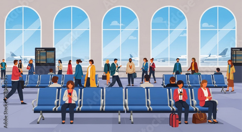 Photos People waiting in airport terminal with large windows and seating