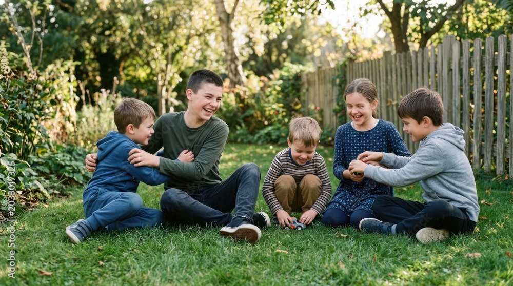 Fototapeta premium Happy Children Playing Together on Green Lawn in Sunny Backyard Garden