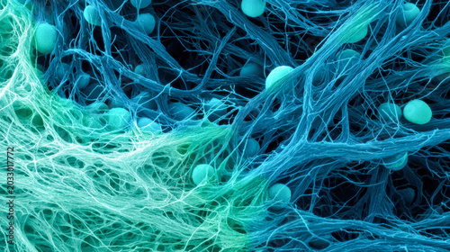 Microscopic network of mycelial fibers with luminous blue cellular structures, abstract biotechnology science