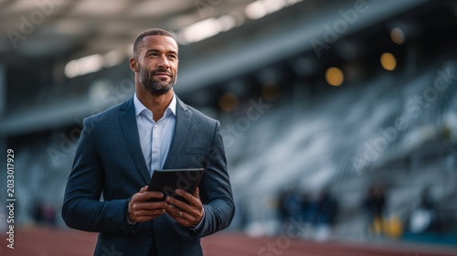 Confident businessman holding tablet at outdoor sports stadium
