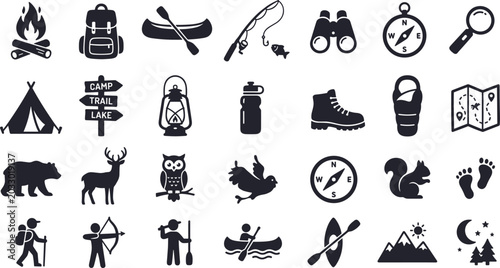 Photography Mountain hiking silhouette icons collection featuring camping equipment wild ani