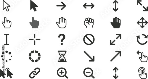 Computer Mouse Cursor and Pointer Icon Set featuring Arrow Click Hand Gesture Loading Hourglass Link Selection and Resize Navigation Vectors for Web UI Designs