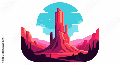 A stylized desert landscape with a prominent red rock spire at its center