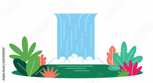 Lush jungle foliage surrounds a serene, blue waterfall cascading into a pool