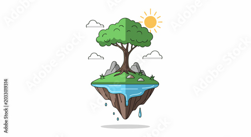 A floating island with a tree, water, rocks, clouds, and sun