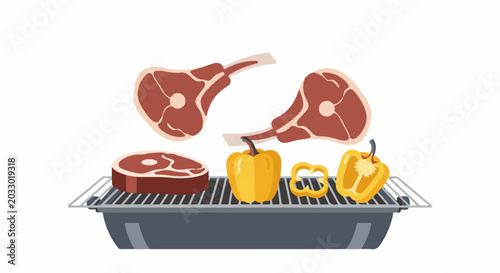 Raw meat and yellow bell peppers on a grill