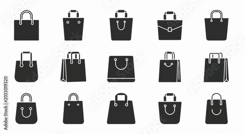 A grid of 15 different shopping bag icons on a white background