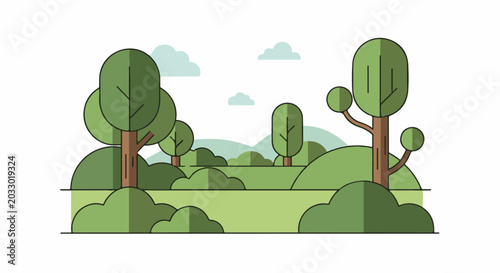 A flat illustration of a peaceful, green landscape with trees and clouds