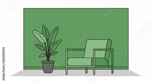 Minimalist interior with a potted plant and modern armchair against a green wall