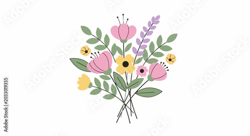 A simple, charming bouquet of pink, yellow, and purple flowers