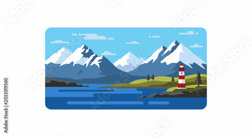 Flat style illustration of snowy mountains, a lake, and a lighthouse
