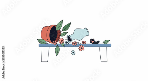 A potted plant spills onto a table, with a vase and paw print nearby