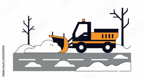 Snowplow clearing road amidst snowy winter scene with barren trees