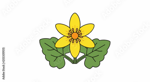 Stylized yellow flower with green leaves on white background